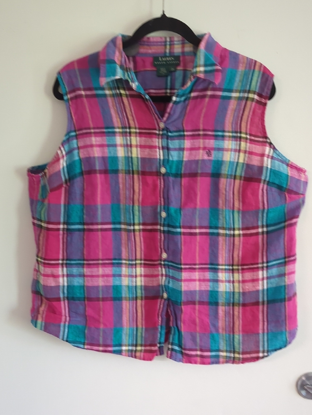 Ralph Lauren Womens Plaid Sleeveless Button-Down Top